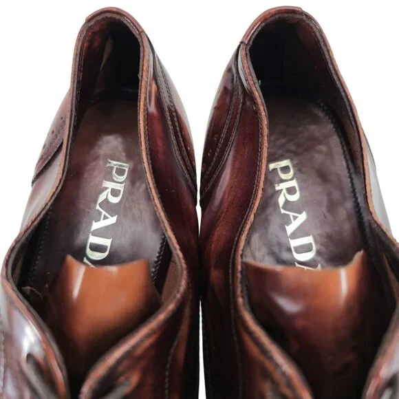 Prada Italy Mens 7.5 Distressed Brown Leather Wingtip Derby Oxfords Dress Shoes - Picture 4 of 13